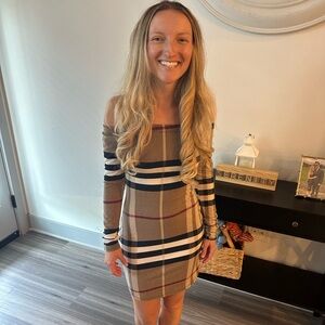 Burberry pattern off the shoulder dress